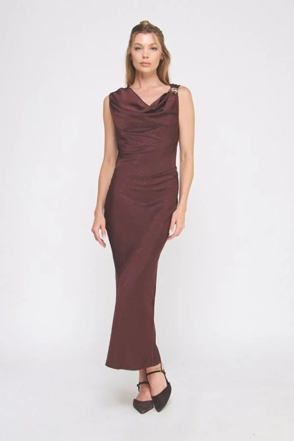 Draped sleeveless midi dress with cowl-neck, dark brown fabric, gold accent on shoulder