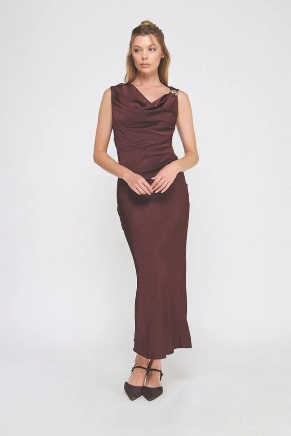 Draped sleeveless midi dress in dark reddish-brown with subtle sheen and silver shoulder embellishment