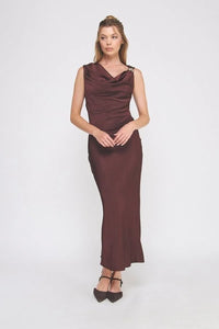 Draped sleeveless midi dress in dark reddish-brown with subtle sheen and silver shoulder embellishment