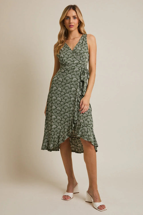 Olive green sleeveless midi dress with V-neck, waist tie, and ruffled high-low hem