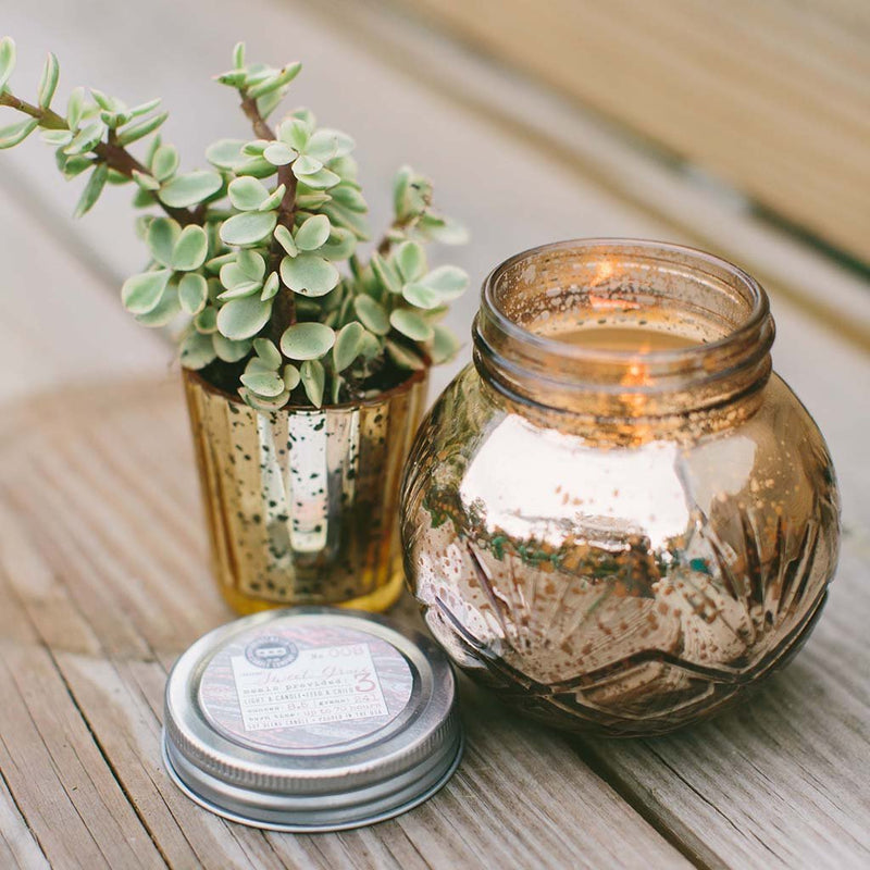 Soy-blend sweet grace candle with candle in jar and plants