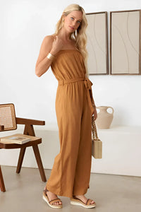 Strapless camel jumpsuit with wide-leg silhouette and boho smocked neck line design