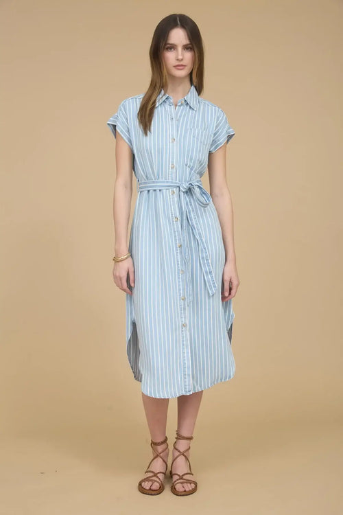 Striped belted midi dress in womenās boho chic clothing from Shop Daisy
