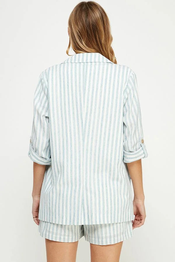 Striped linen blazer and shorts set from Shop Daisy, perfect for women’s boho chic clothing