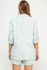 Striped linen blazer and shorts set from Shop Daisy, perfect for women’s boho chic clothing