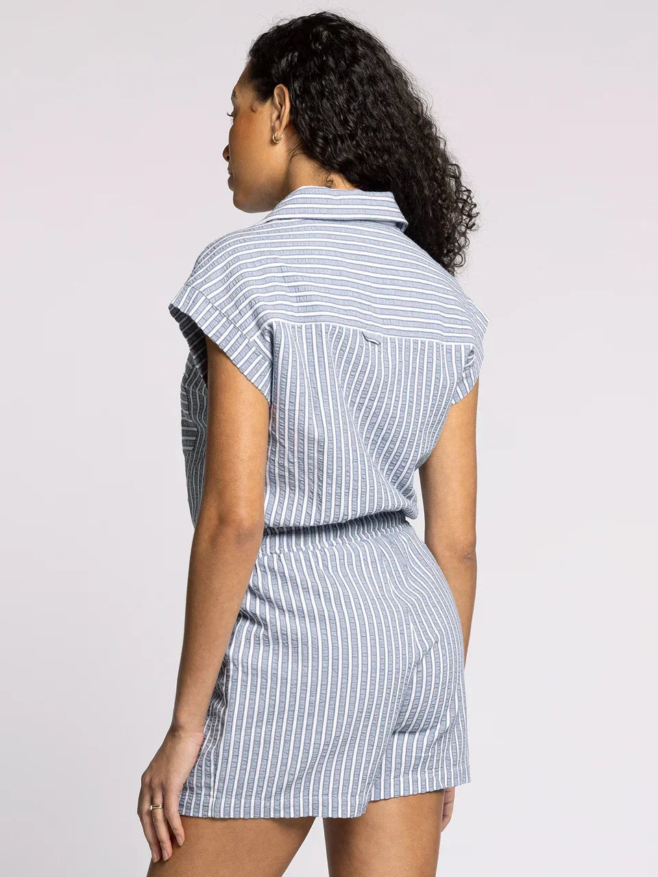 THREAD AND SUPPLY MARINA ROMPER with collared V neckline and elastic waist for women’s boho chic clothing