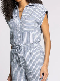 Thread and Supply Marina Romper with collared V neckline, striped button-down design and elastic waist, perfect for women’s boho chic clothing