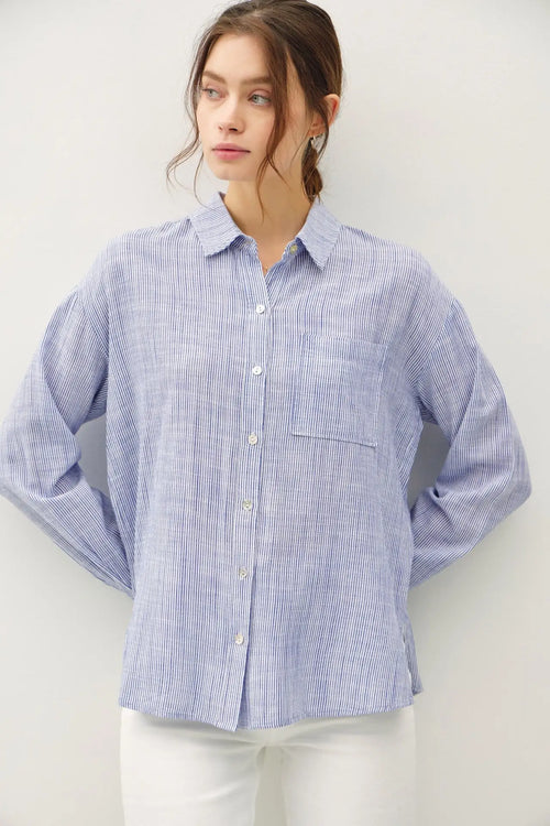 Pinstripe button down shirt ideal for womenās boho chic clothing from Shop Daisy