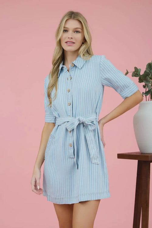 Striped denim shirt dress with half sleeves and tie waist, ideal womenās boho chic clothing