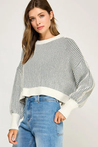 Ribbed knit balloon sleeve sweater with striped dolman sleeves and white cuffs