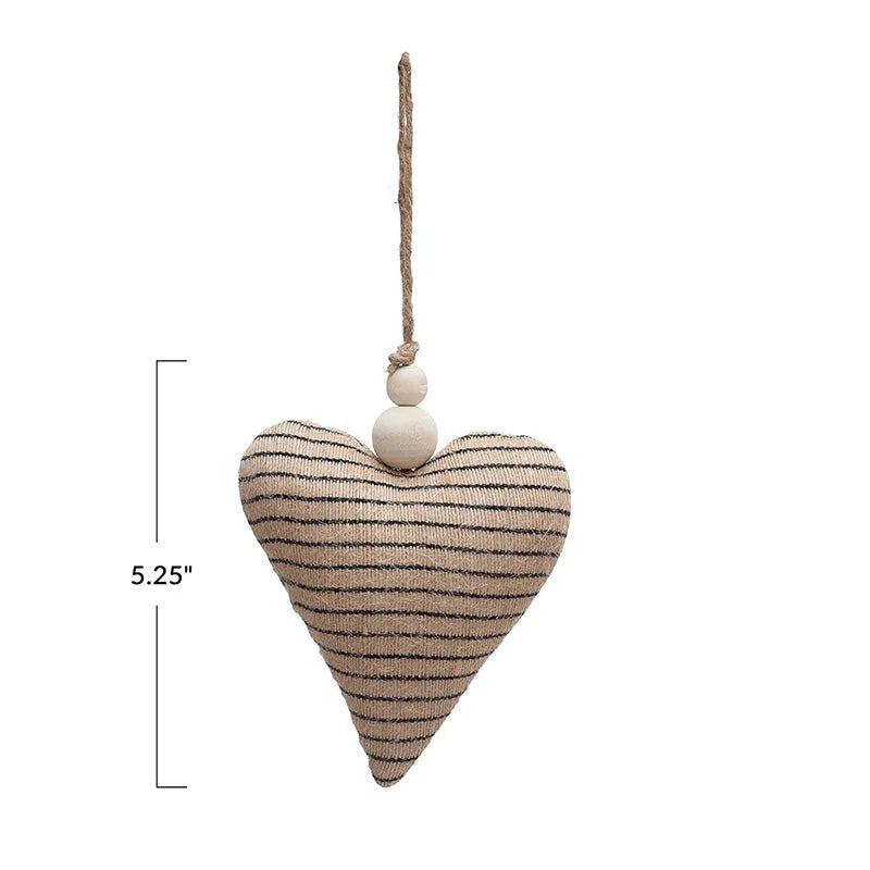 Striped heart ornament with wood beads decorative accents on a stylish string