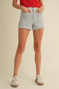 Striped high-rise denim shorts with patch pockets and stylish design