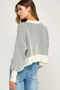 Striped ribbed knit balloon sleeve poncho sweater in white and gray
