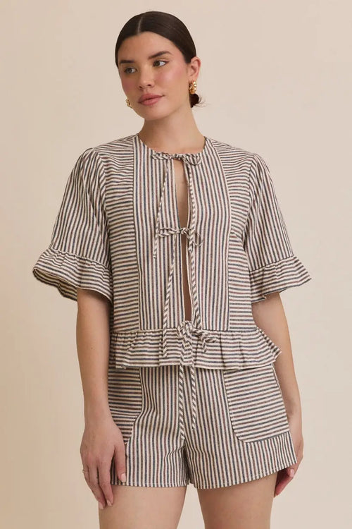 Front tie short sleeve ruffle hem stripe blouse with matching linen set for stylish summer wear