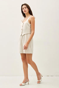 Striped linen two-piece FAUX-SET BUTTON UP VEST ROMPER from Shop Daisy, ideal for women’s boho chic clothing