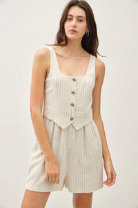 Striped linen vest and shorts set in FAUX-SET BUTTON UP VEST ROMPER for women’s boho chic clothing
