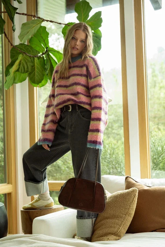 Striped pink and purple fuzzy sweater in Shop Daisy boho chic denim