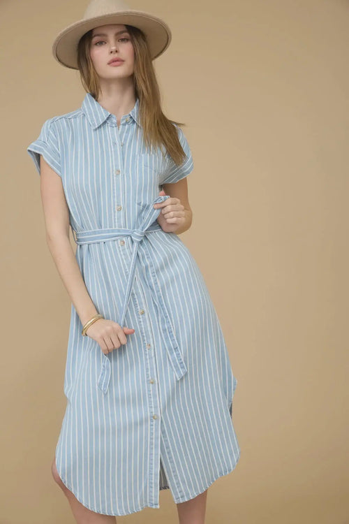 Striped midi dress with tie waist, perfect for womenās boho chic clothing | Shop Daisy