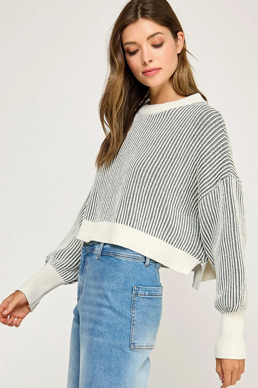 Ribbed knit balloon sleeve sweater in white and gray stripes