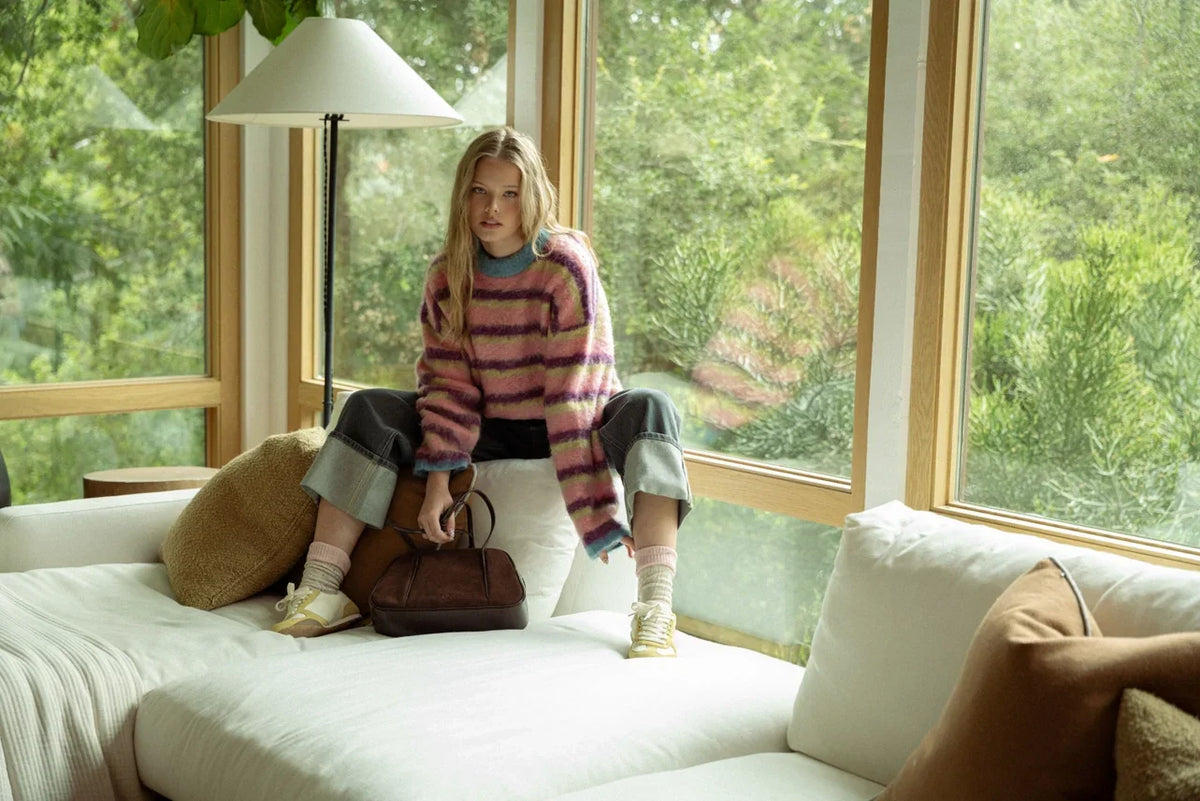 Striped cotton blend sweater with ribbed cuffs in women’s boho chic clothing