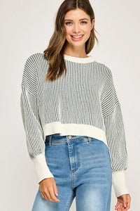 Ribbed knit balloon sleeve sweater in white and gray stripes