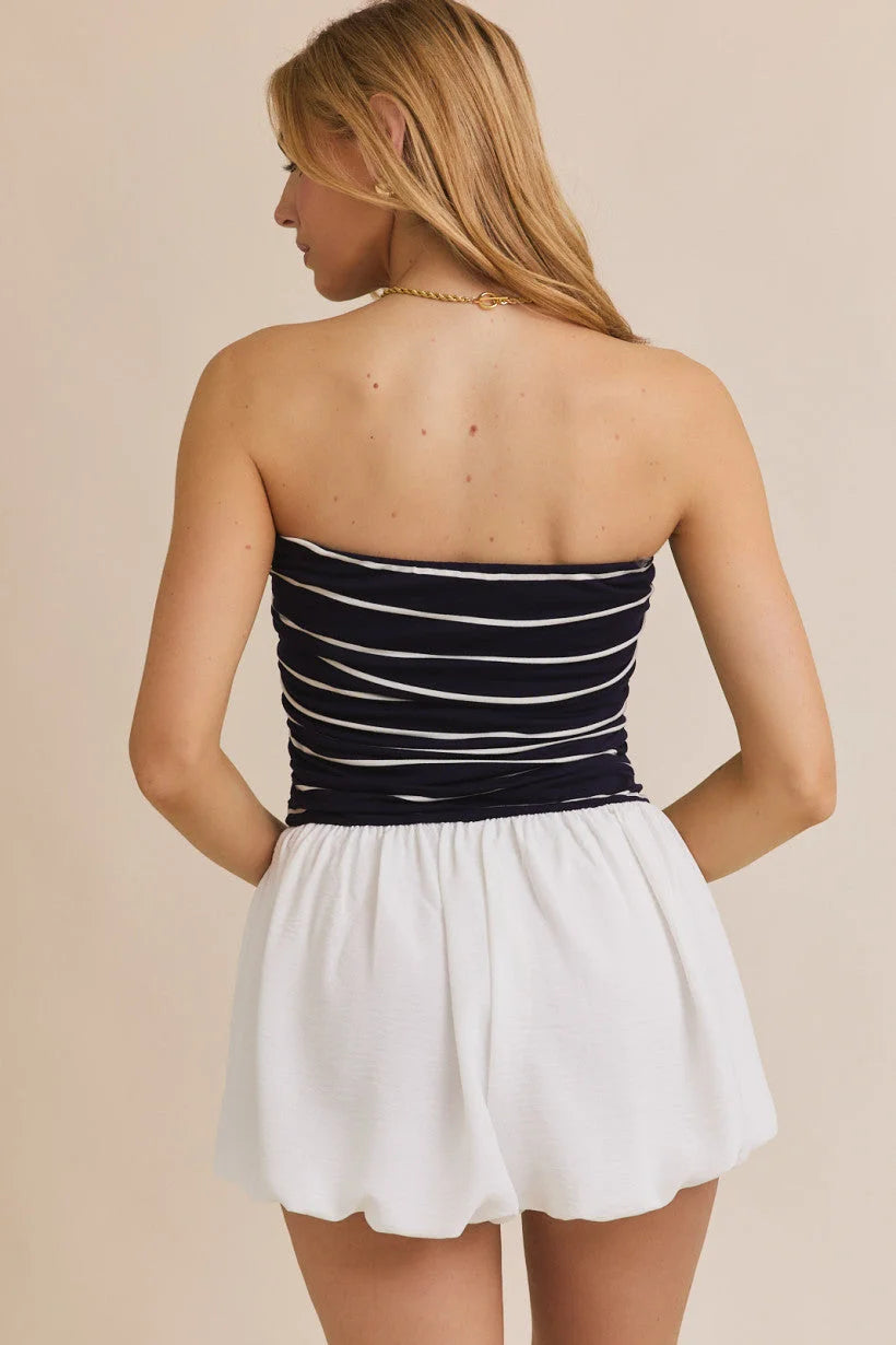 Striped tube top with woven shorts mix romper and white shorts for stylish summer wear