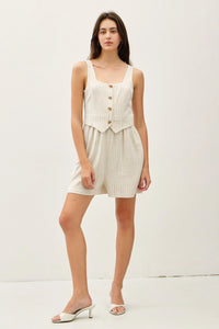 Striped vest and shorts set in FAUX-SET BUTTON UP VEST ROMPER for women’s boho chic clothing