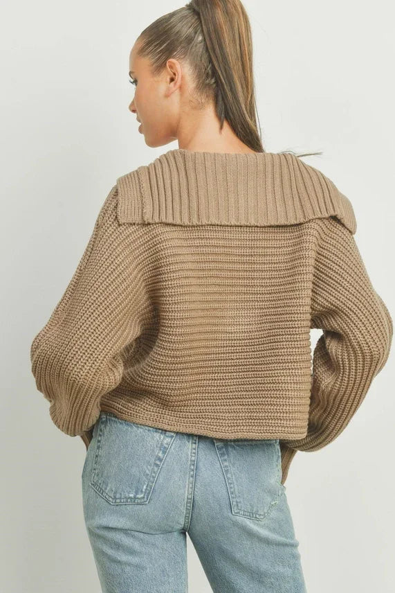 Tan Drama Collar V Neck Sweater with Off-Shoulder Ribbed Design