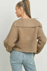 Tan Drama Collar V Neck Sweater with Off-Shoulder Ribbed Design