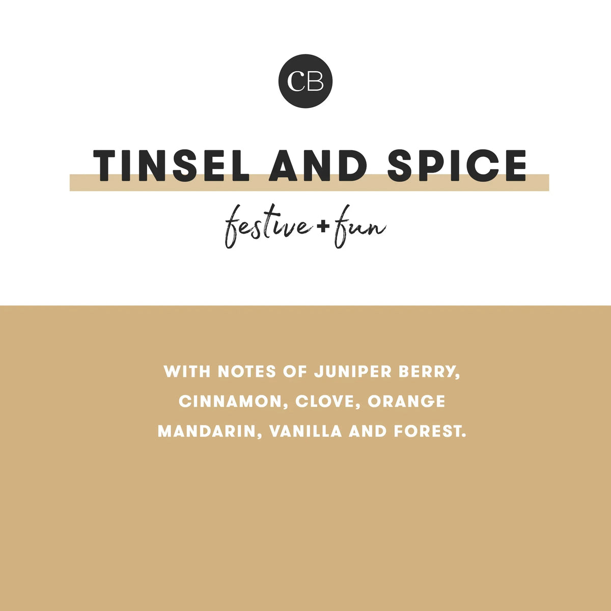 Tinsel Spice Glimmer Mini Tin Candle with festive juniper, cinnamon, clove, orange, vanilla, and forest scents