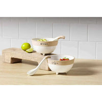 Two-tiered stoneware guacamole set with wooden spoons and beige accent band