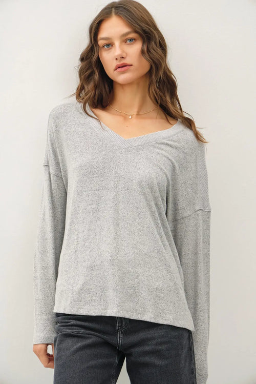 Gray long-sleeve V-neck top from ULTRA SOFT LONG SLEEVE V NECK BASIC, perfect for womenās boho chic clothing
