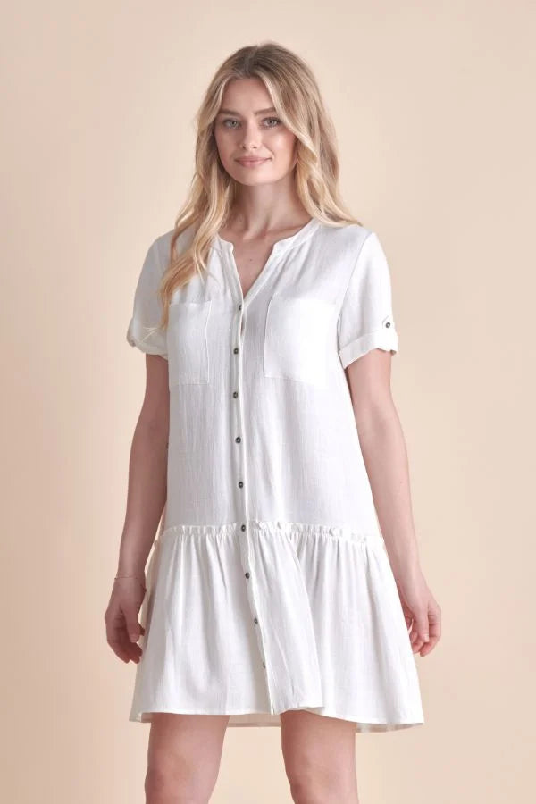 White button-down dress with roll tab sleeves linen shirt style for elegant summer wear