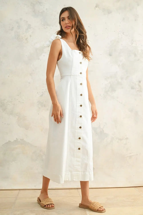 White sleeveless button-down stretch midi dress made from cotton-spandex blend