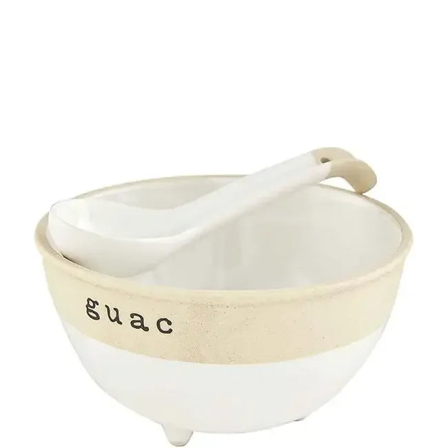 White ceramic bowl with guac text and spoon from the Stoneware Guacamole Set