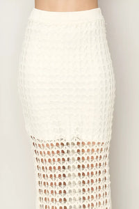 White crochet maxi skirt with sheer lattice pattern for a flowy boho vibe