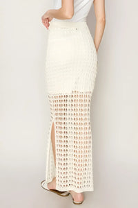 White crochet maxi skirt with side slit and lattice pattern for a boho, free spirit look