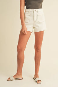 High Rise Patch Pocket Denim Short in white, showcasing stylish summer fashion