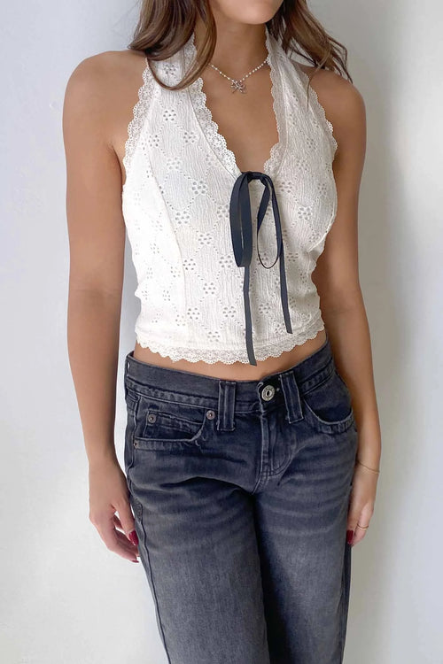 White lace trim eyelet halter top with black ribbon tie for stylish summer wear