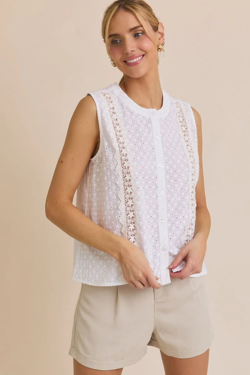 White eyelet sleeveless top from ROUND NECK LACE TRIM DETAIL BUTTON UP EYELET TOP, perfect for women’s boho chic clothing and shop Daisy collections
