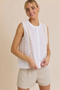 White eyelet sleeveless top from ROUND NECK LACE TRIM DETAIL BUTTON UP EYELET TOP, perfect for women’s boho chic clothing and shop Daisy collections