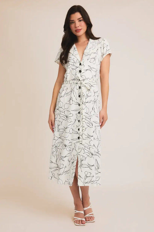 White floral button-up waist tie midi dress ideal for sophisticated spring outings