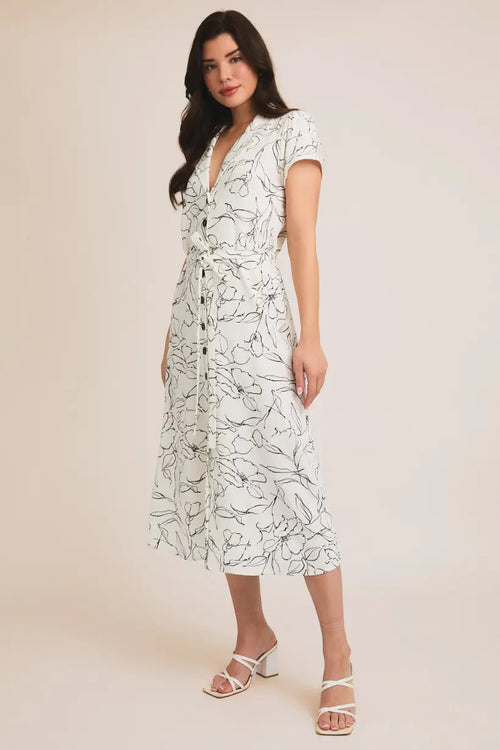 White floral print tie midi dress with waist tie, floral button detail for elegant style