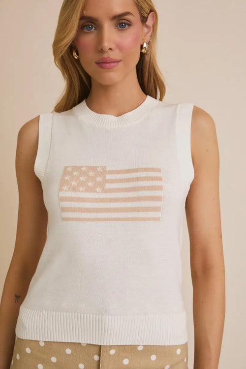 White knit tank top featuring a sleeveless USA flag design, crew neck sleeveless style