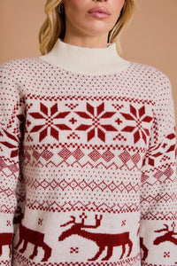 White and red Nordic-patterned mock neck long sleeve Christmas sweater with snowflakes and reindeer