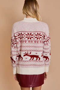 White and red mock neck long sleeve Christmas sweater with reindeer and snowflake patterns