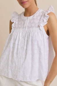 White round neck ruffle sleeveless blouse with ruffle sleeve button detail