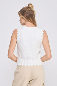 White pointelle knit button vest with scallop edges, stylish knit vest with scallops