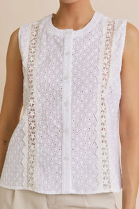 White sleeveless eyelet blouse from ROUND NECK LACE TRIM DETAIL BUTTON UP EYELET TOP, perfect for women’s boho chic clothing
