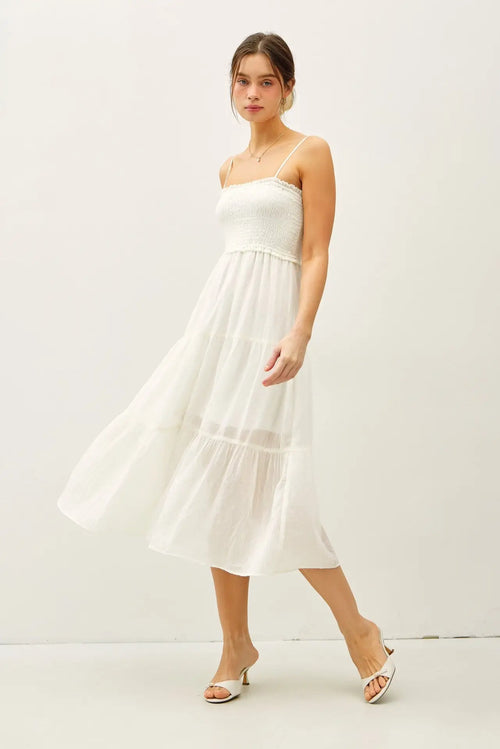 White tiered midi dress from SHEER SMOCKED BODICE MIDI DRESS for womenās boho chic clothing